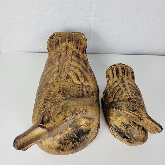 Vintage Carved Italian Wood Ducks Gold Brown 12" 8" Statues‎ 1960s Gilded Large - Picture 11 of 16
